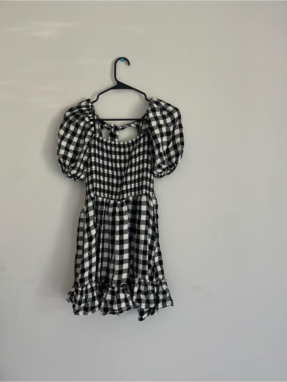 Black & White Gingham Puff Sleeve Mini Dress with Tie Back Detail